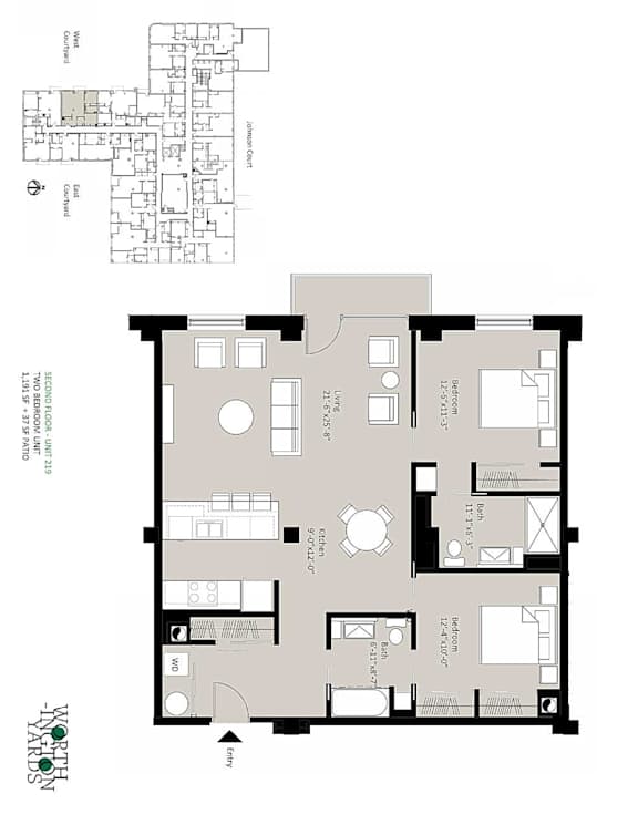 A floor plan of a house with a living room, kitchen, and two bedrooms.