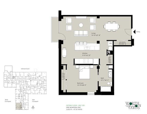 A floor plan of a one bedroom unit with a detailed layout of the rooms.