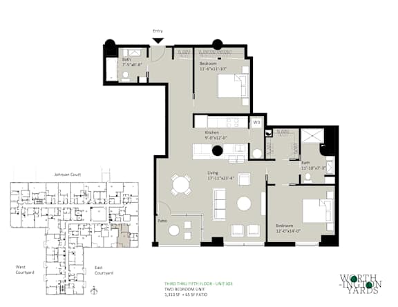 A floor plan for a unit at Worthy Yards shows a 3rd floor bedroom unit with 1,210 square feet.