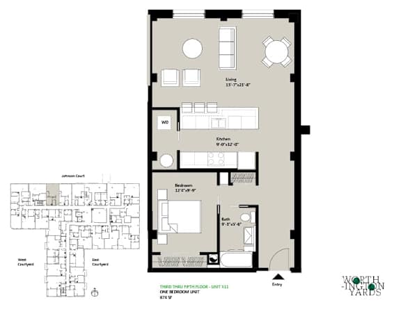 A floor plan of a one bedroom unit with a detailed layout.