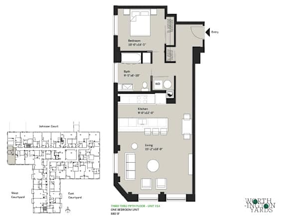 A floor plan for a property at Worthingham Yards shows a bedroom, bathroom, and kitchen.