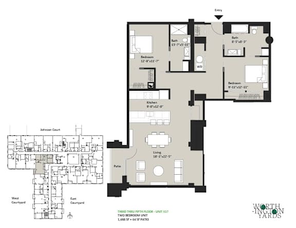 A floor plan of a property with two bedrooms and two bathrooms.