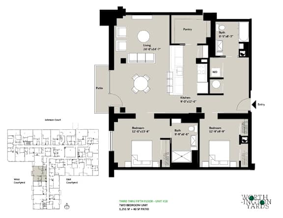 A floor plan of a two bedroom unit with a detailed layout of the rooms.