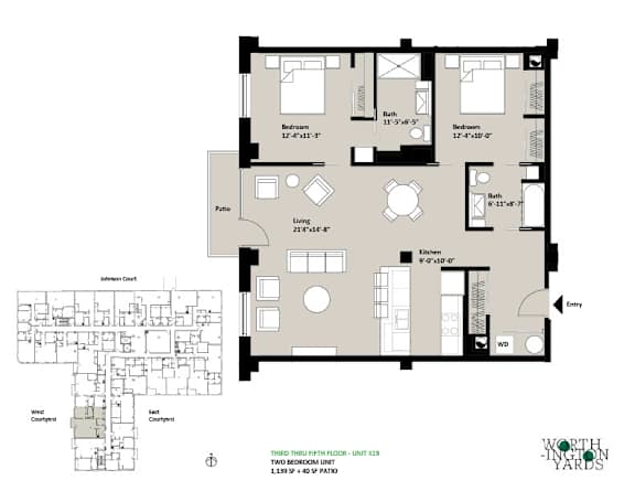 A floor plan of a property layout with a kitchen, living room, and bathrooms.