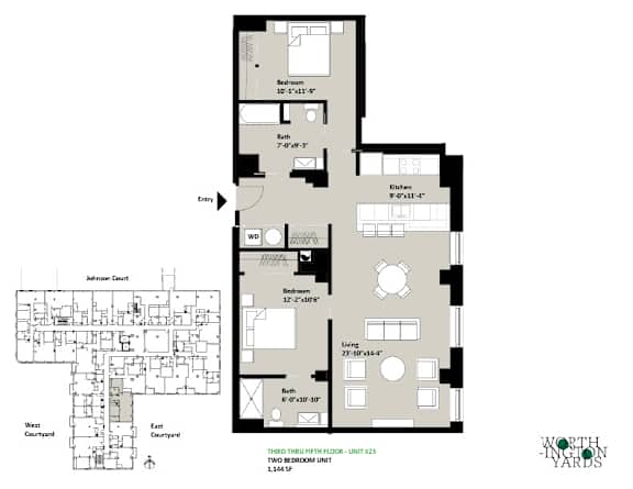 A floor plan for a property at Worthy Yards shows a third floor penthouse unit with a bedroom, two bathrooms, a kitchen, a living room, and a dining room.