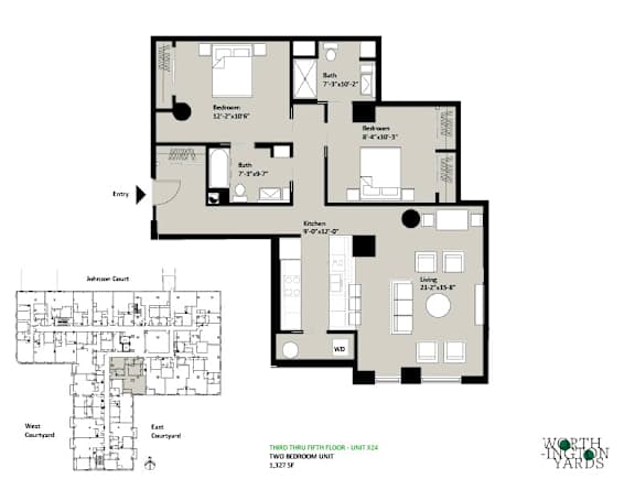 A floor plan of a unit in Johnson Court at Worthy Hill Farms.