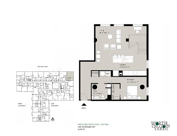 A floor plan for a unit at Worthy Park shows a living room, dining room, kitchen, and bathrooms.