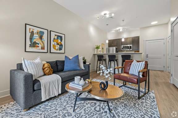 A living room with a grey couch, a coffee table, and a rug.