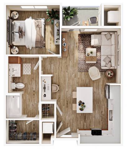 a bedroom with a wood floor