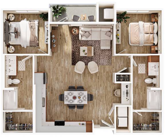 a bedroom with a living room and a kitchen