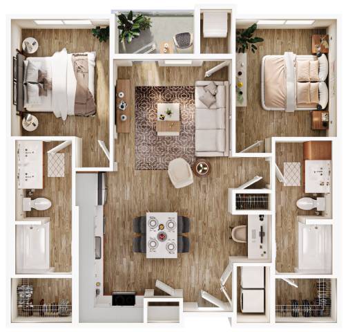 a bedroom with a bathroom and a living room
