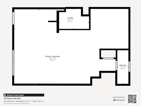 A floor plan of a property with a living room, kitchen, and two bathrooms.