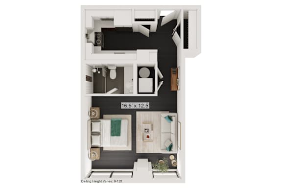 a floor plan of a studio apartment with a bedroom and a living room