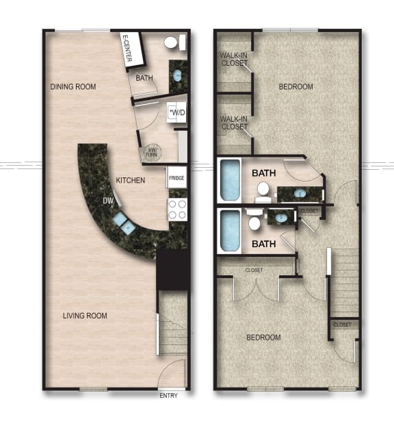 2 Bed 2.5 Bath Floor Plan | 1,250 Sq. Ft. at Orleans Apartments Apartments, Columbus, 43221