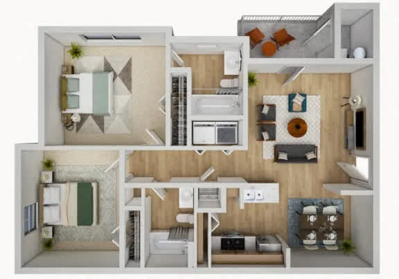A floor plan of a small apartment with a kitchen, living room, and two bedrooms.