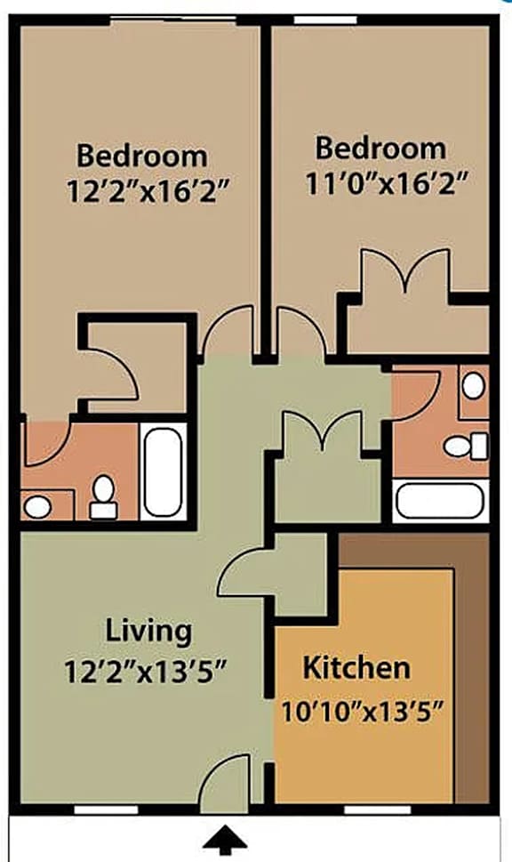 A floor plan of a room with two bedrooms, a living room, and a kitchen.