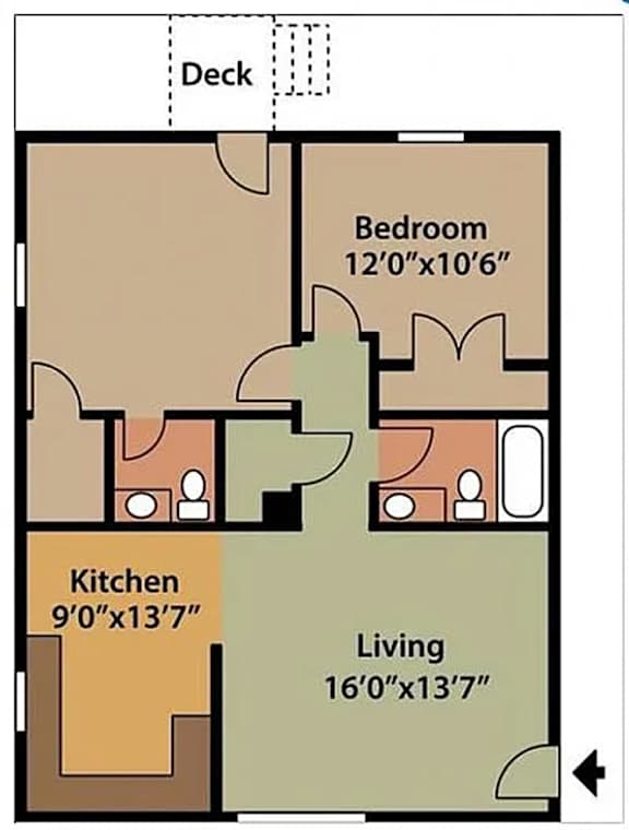 A floor plan of a house with a kitchen, living room, and bedroom.