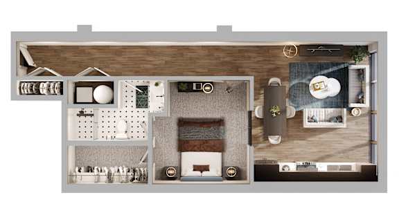 A 3D floor plan of a house with a kitchen, living room, and bathroom.