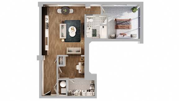 A top-down view of a small apartment with a kitchen, living room, and bedroom.