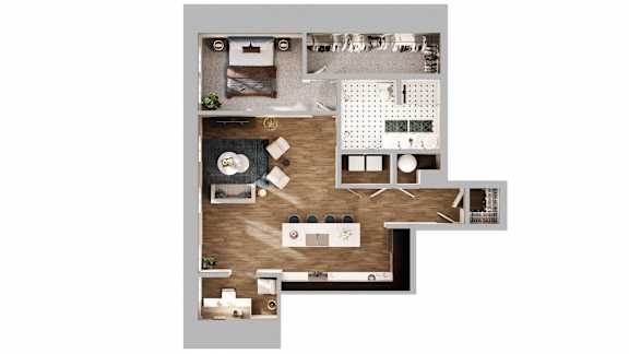 A floor plan of a house with a kitchen, living room, dining room, and two bedrooms.