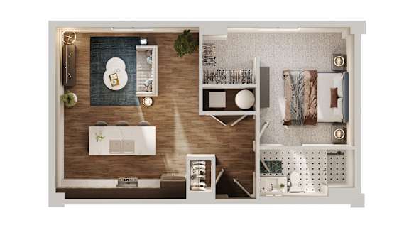 A top-down view of a room with a bed, desk, and shelves.