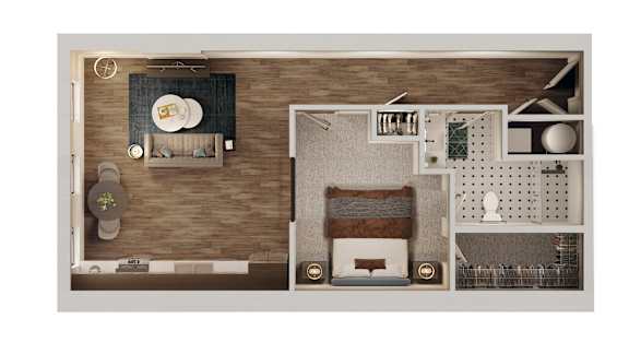 A dollhouse living room with a couch, coffee table, and a small TV.