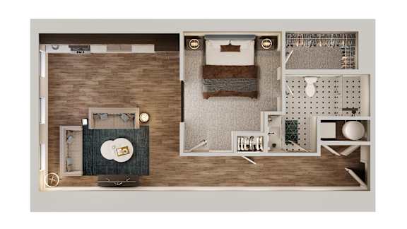 A floor plan of a house with a kitchen, living room, and bathroom.