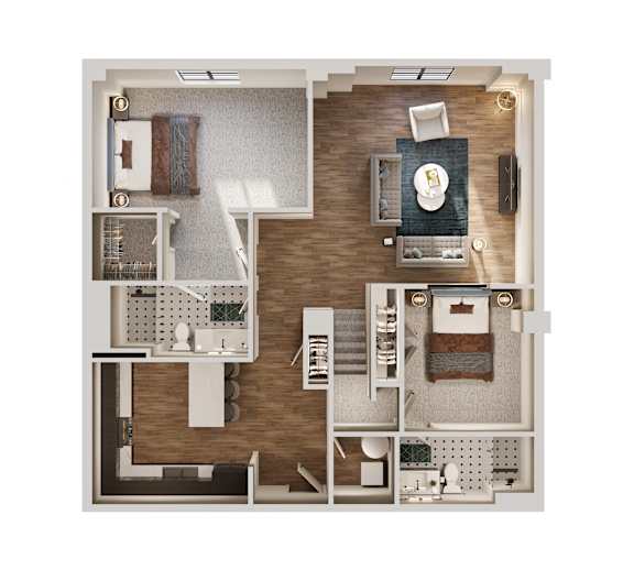 A top-down view of a house layout with a kitchen, living room, and bathroom.