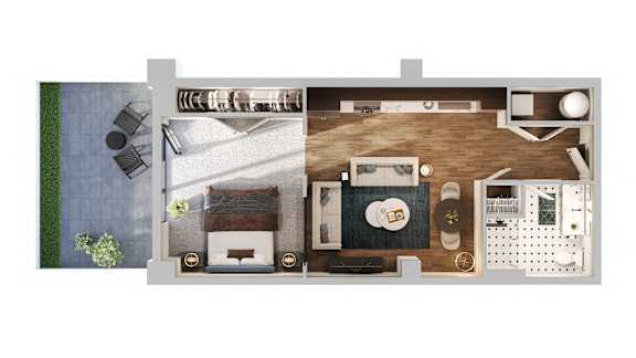 A floor plan of a room with a bed, a couch, a table, and a potted plant.