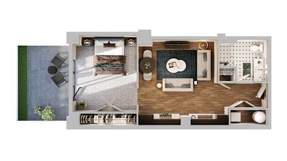 A floor plan of a house with a kitchen, living room, and two bedrooms.