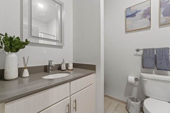 a bathroom with a sink and a toilet and a mirrorat Metropolis Apartments, Glen Allen