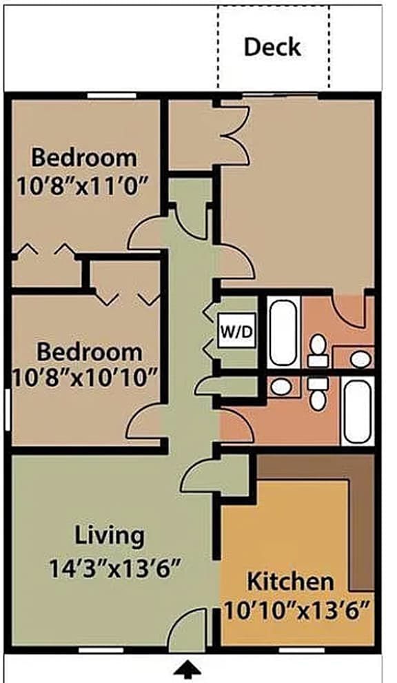 A floor plan of a deck with two bedrooms, a living room, a kitchen, and a bathroom.