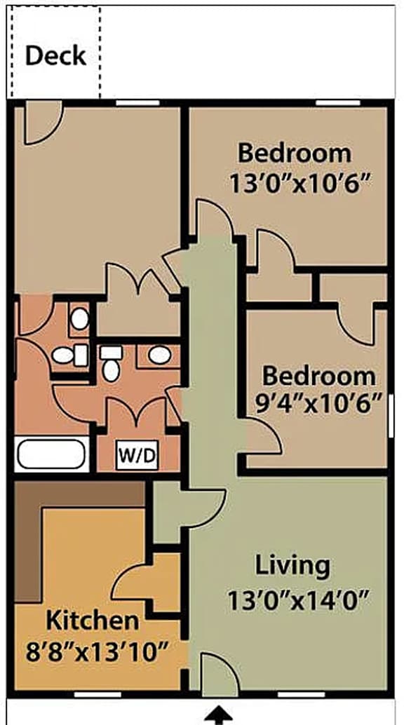 A floor plan of a deck with a kitchen, two bedrooms, and a living room.