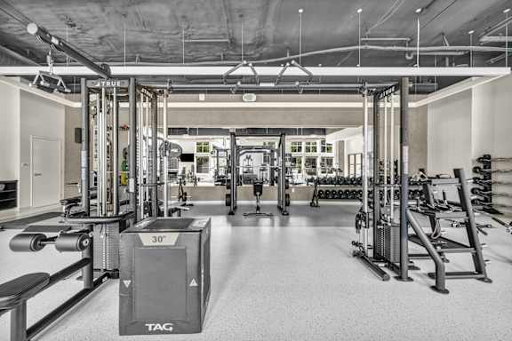 A gym with a variety of equipment including a TAG box.