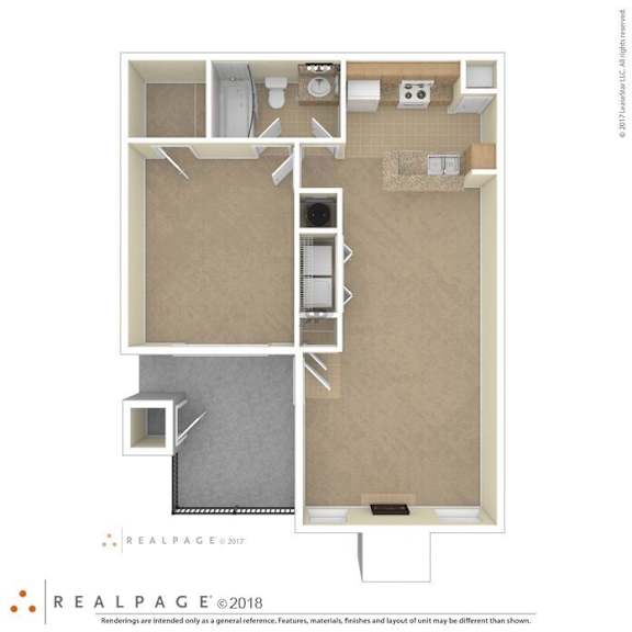A floor plan of a small apartment with a kitchen, living room, and bathroom.