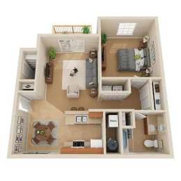 A 3D floor plan of a small apartment with a kitchen, living room, and bathroom.