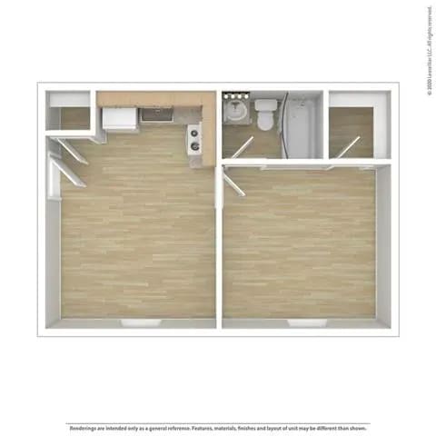 a floor plan of a small apartment with a bathroom and a kitchen