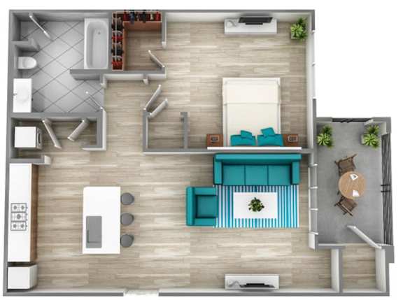 A top-down view of a modern apartment with a living room, kitchen, and bathroom.