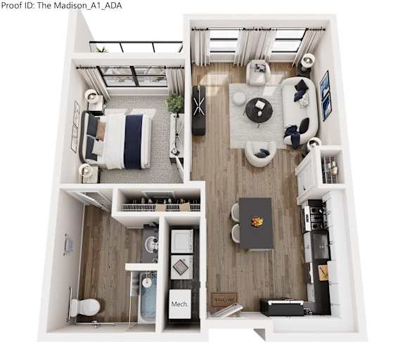 A top-down view of a modern apartment layout.