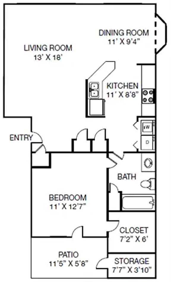 A floor plan of a home with a living room, dining room, kitchen, bedroom, bath, patio, and storage.