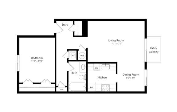 A floor plan of a house with a living room, dining room, kitchen, bedroom and bathroom.