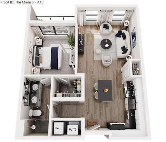 A top down view of a modern apartment layout.
