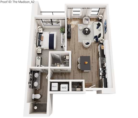 A top down view of a small apartment with a kitchen, living room, and bathroom.