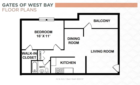 1 Bed 1 Bath Floor Plan | 809 Sq. Ft. at Gates of West Bay, Virginia