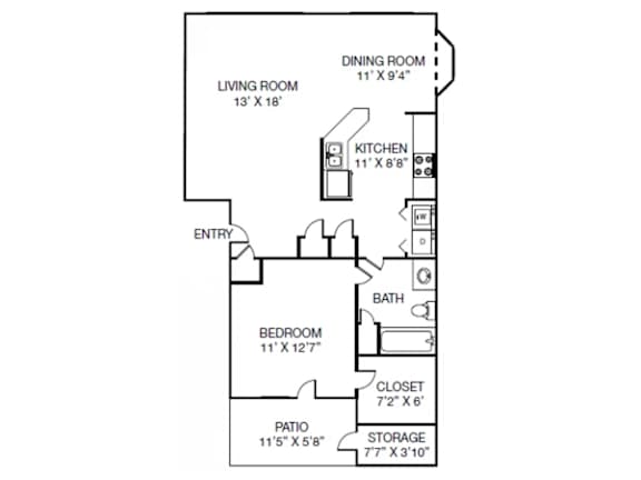 A floor plan of a small apartment with a living room, dining room, kitchen, bedroom, bathroom, closet, and storage area.