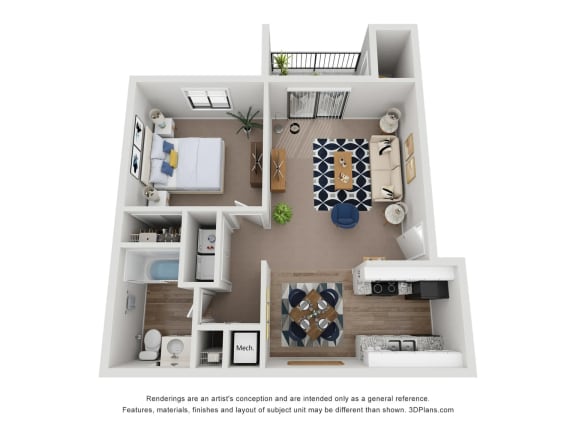 A2 Floor Plan | 695 Sq. Ft. at Village 1373, Greensboro, NC, 27455