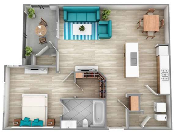 A top-down view of a living room, kitchen, and dining area.