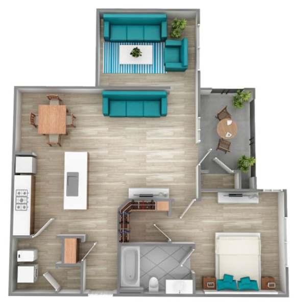 A top-down view of a two-story apartment with a living room, kitchen, and bathroom.