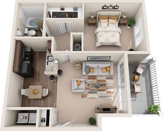 A top-down view of a small apartment with a bedroom, living room, kitchen, and bathroom.