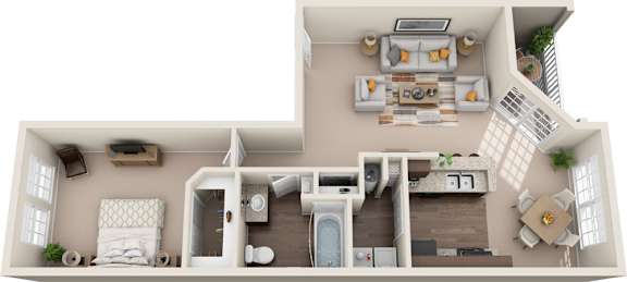 A top-down view of a modern apartment with a kitchen, living room, and bedroom.